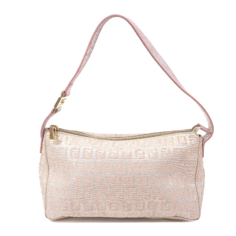 FENDI Zucchino Canvas Leather Shoulder Bag Silver Pink 8BR444