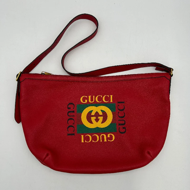 Gucci Red Logo Print Half-Moon Shoulder Bag