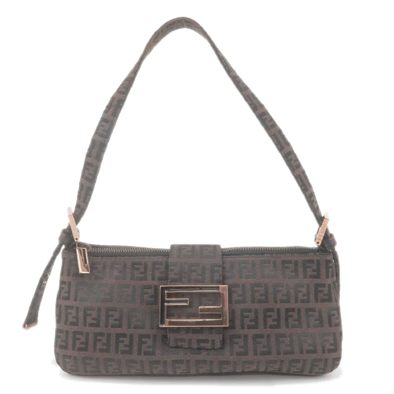 FENDI Zucchino Canvas Shoulder Bag Black Brown 8BR034