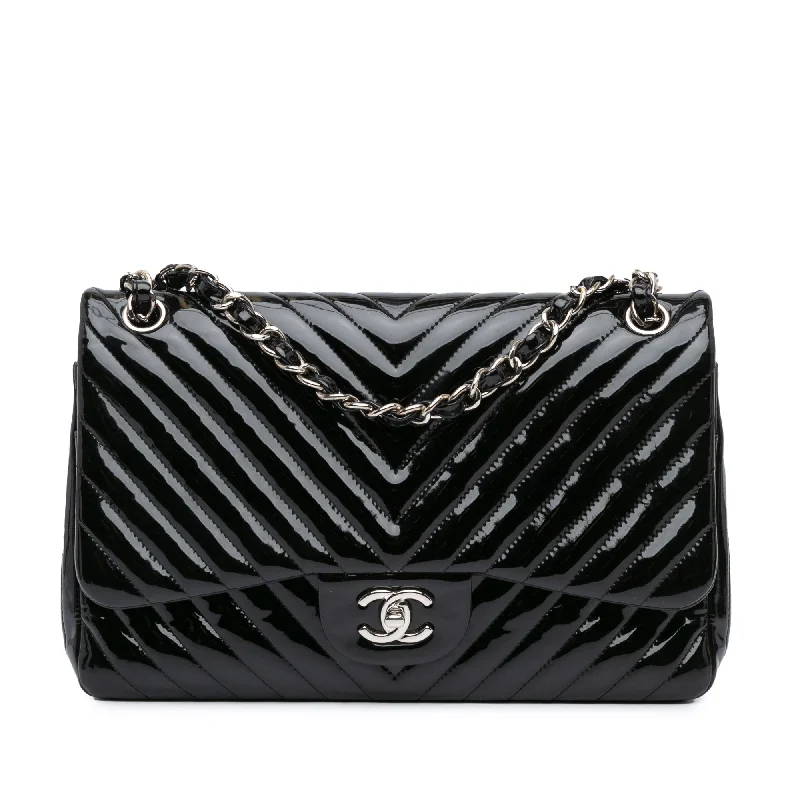 Black Chanel Jumbo Classic Chevron Patent Double Flap Shoulder Bag