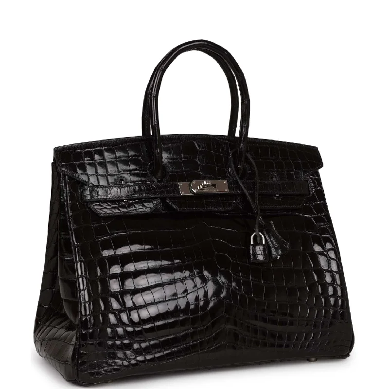 Hermes Birkin 35 Black Shiny Porosus Crocodile Palladium Hardware