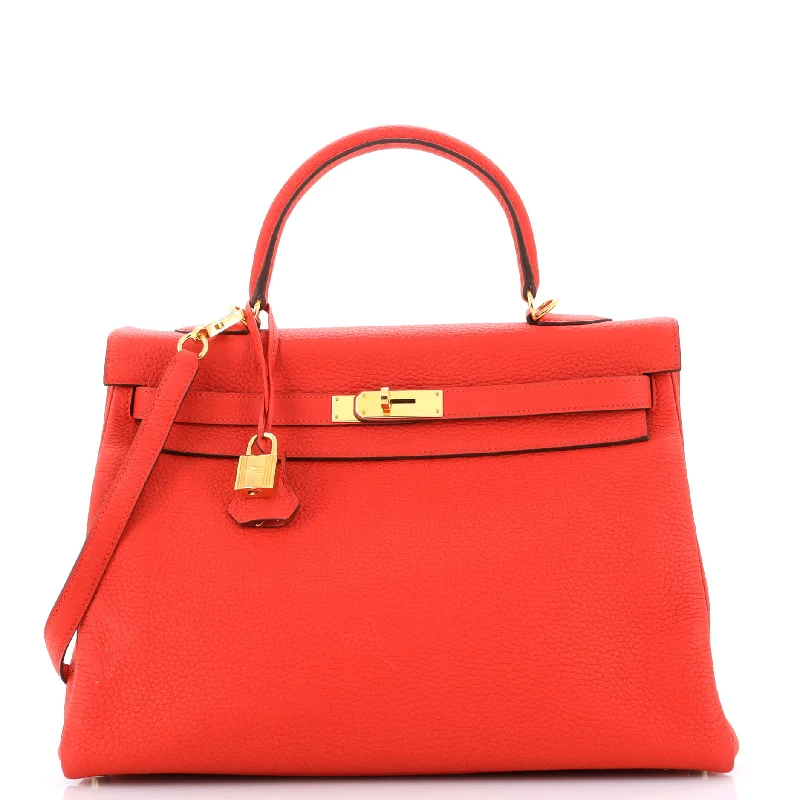 Kelly Handbag Rouge Tomate Clemence with Gold Hardware 35