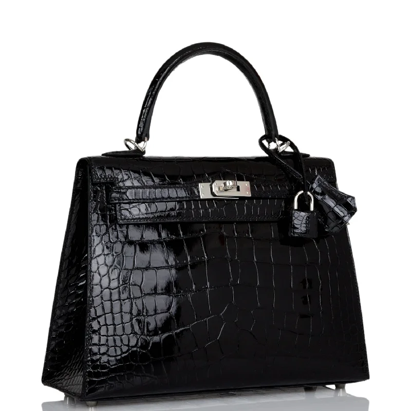 Hermes Kelly Sellier 25 Black Shiny Alligator Palladium Hardware