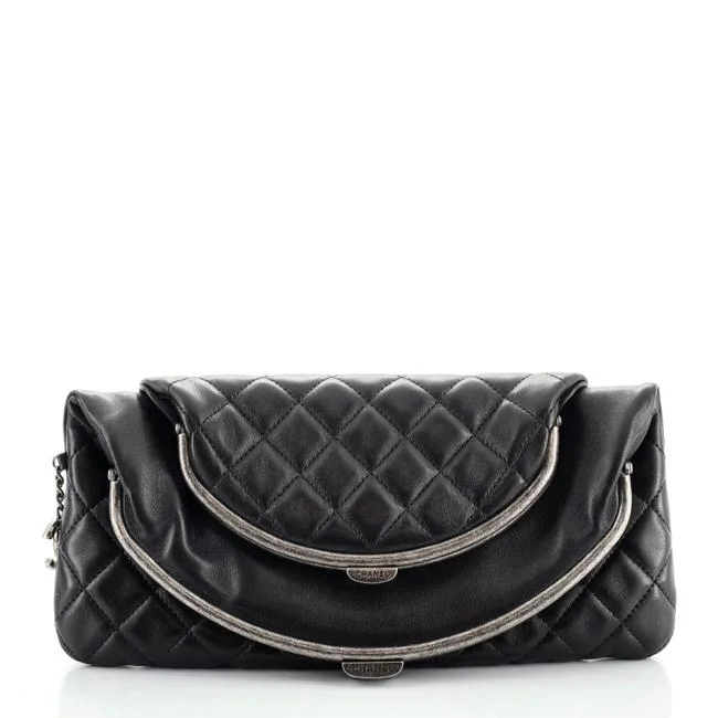 CHANEL DOUBLE KISSLOCK FOLD OVER QUILTED LEATHER MEDIUM CLUTCH