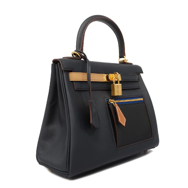 Hermes 2way Bag Kelly 25 Colormatic U Engraved Swift Blue/Black/Chai/Etoupe/Gold Gold metal