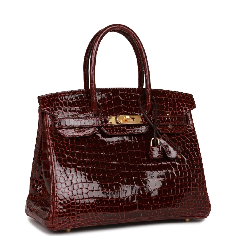 Hermes Birkin 30 Bordeaux Shiny Porosus Crocodile Gold Hardware