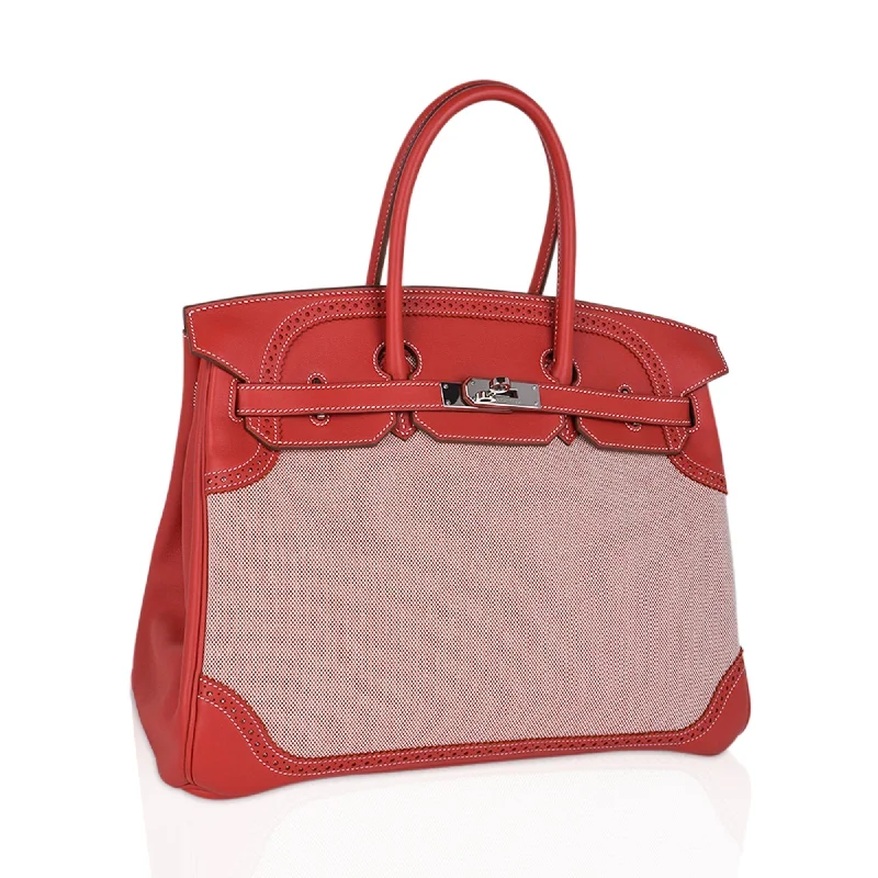 Hermes Limited Edition Birkin 35 Ghillies Bag Sanguine Toile & Swift Leather with Palladium Hardware