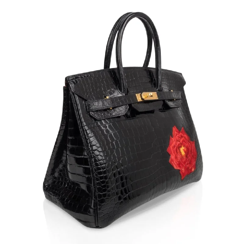 Hermes Limited Edition HSS Birkin 35 Black La Rosee Porosus Crocodile Bag Gold Hardware