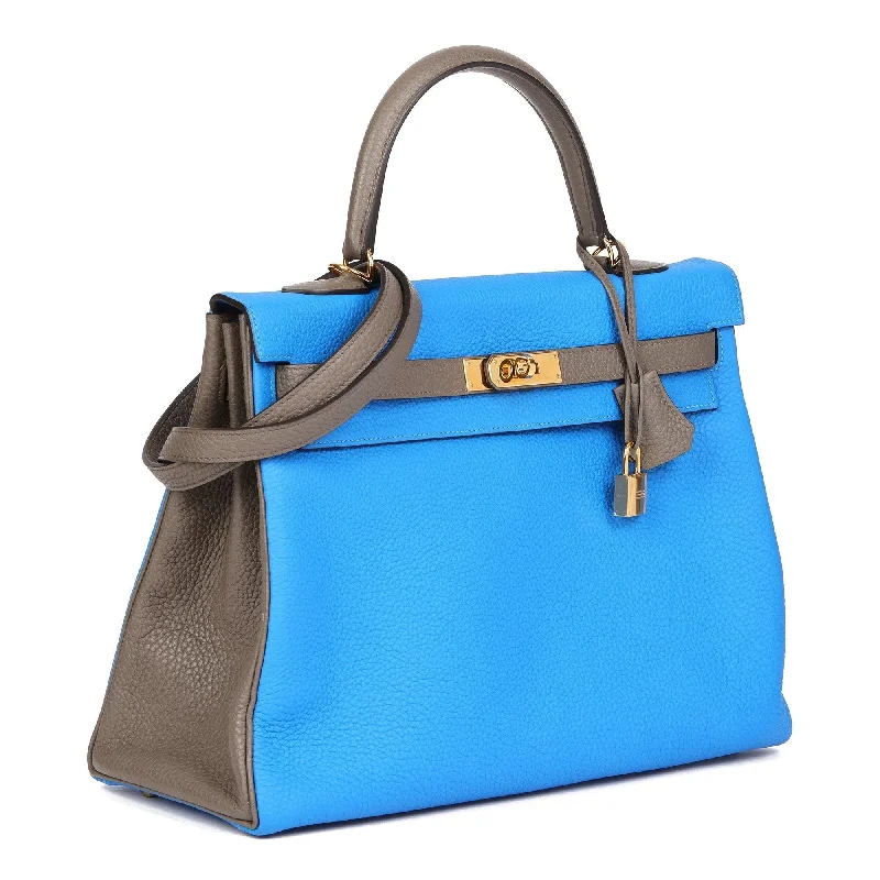 Hermes Blue Hydra & Etain Clemence Leather Special Order HSS Kelly 35cm Retourne Shoulder Bag