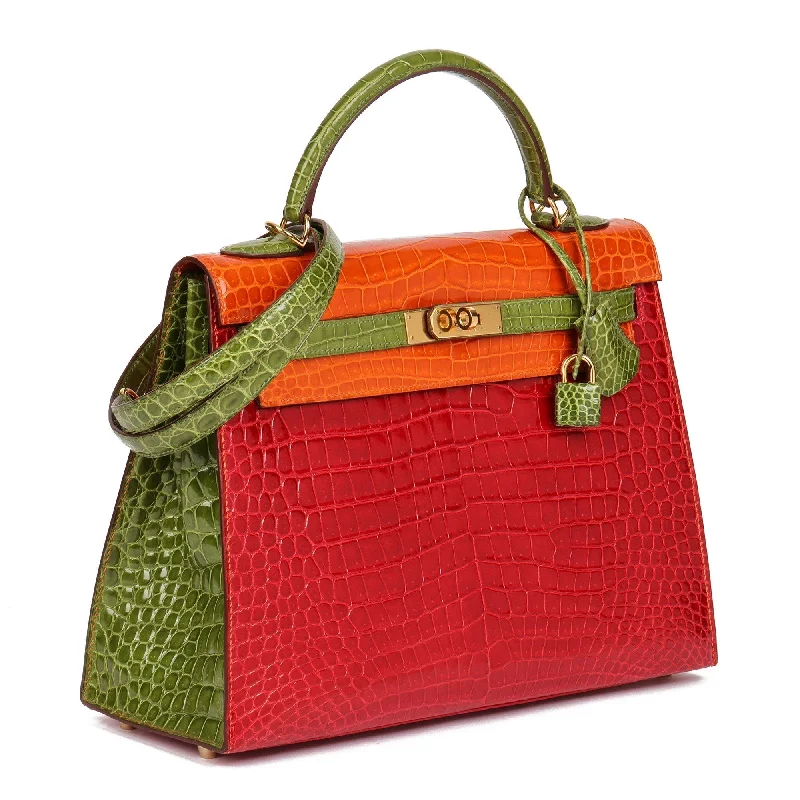 Hermes Braise, Tangerine & Vert Anis Shiny Porosus Crocodile Leather Special Order HSS Kelly 32cm Sellier Shoulder Bag