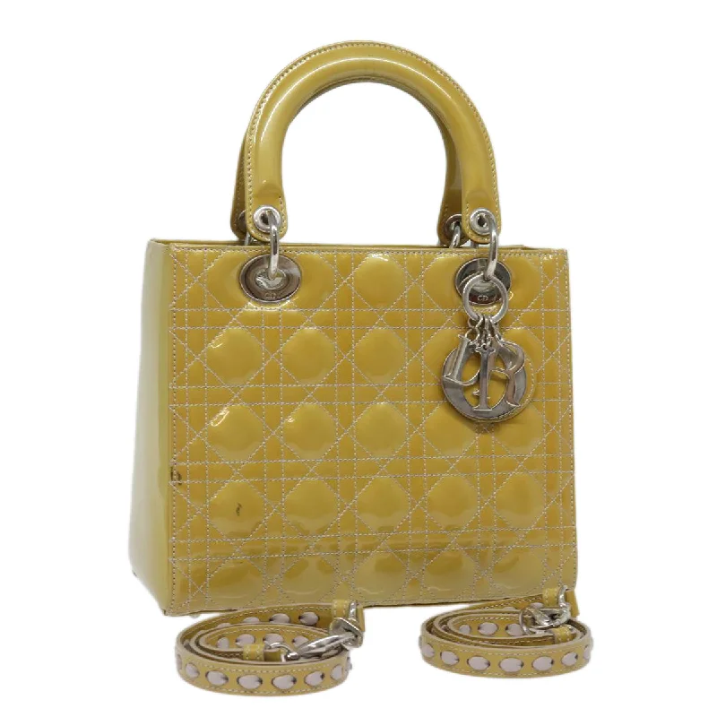 CHRISTIAN DIOR Lady Dior Canage Hand Bag Enamel 2way Yellow Auth yk13927