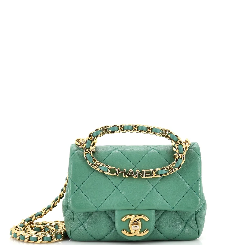 Oval Logo Chain Handle Flap Bag Quilted Lambskin Mini